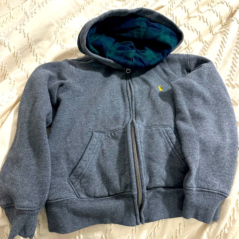 Grey RL polo zip up sweater with blue/green plaid hood